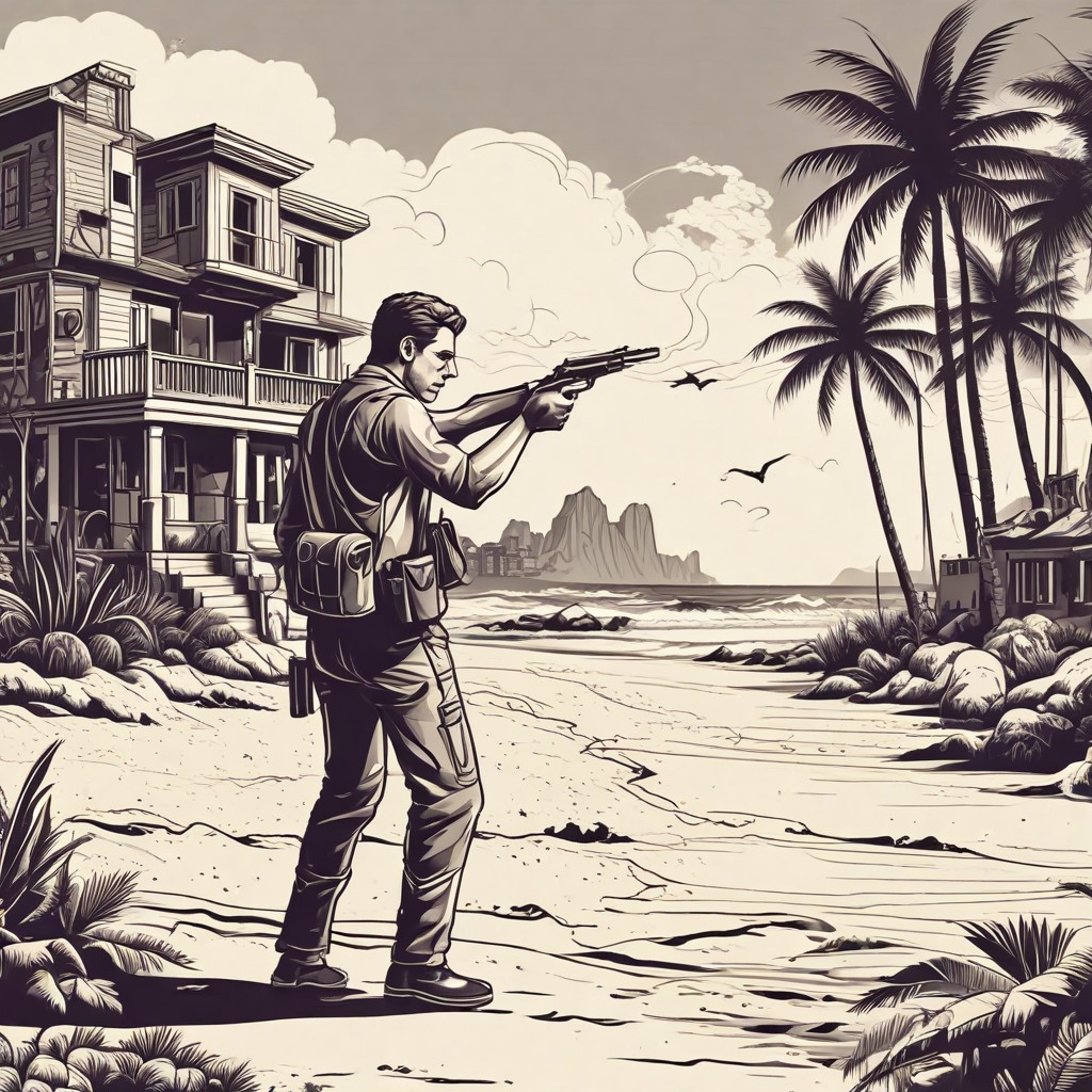 Beach Scene with Pistol and Building Photo Style