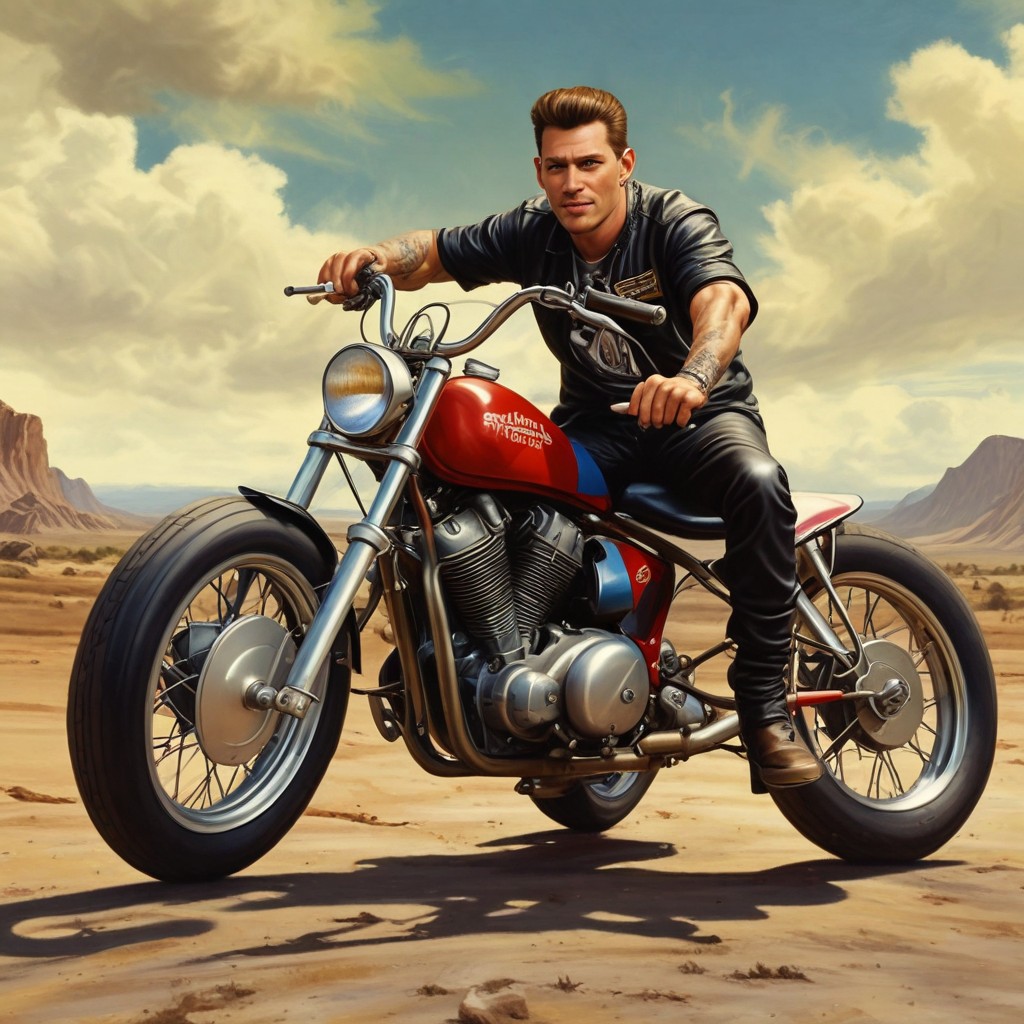 Color Realism Hells Angel Biker on Honda 50 Photo Style