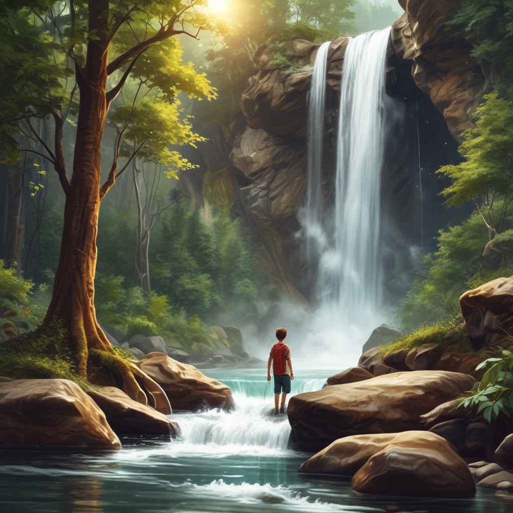 10-Year-Old Boy Near Waterfall Photo Style