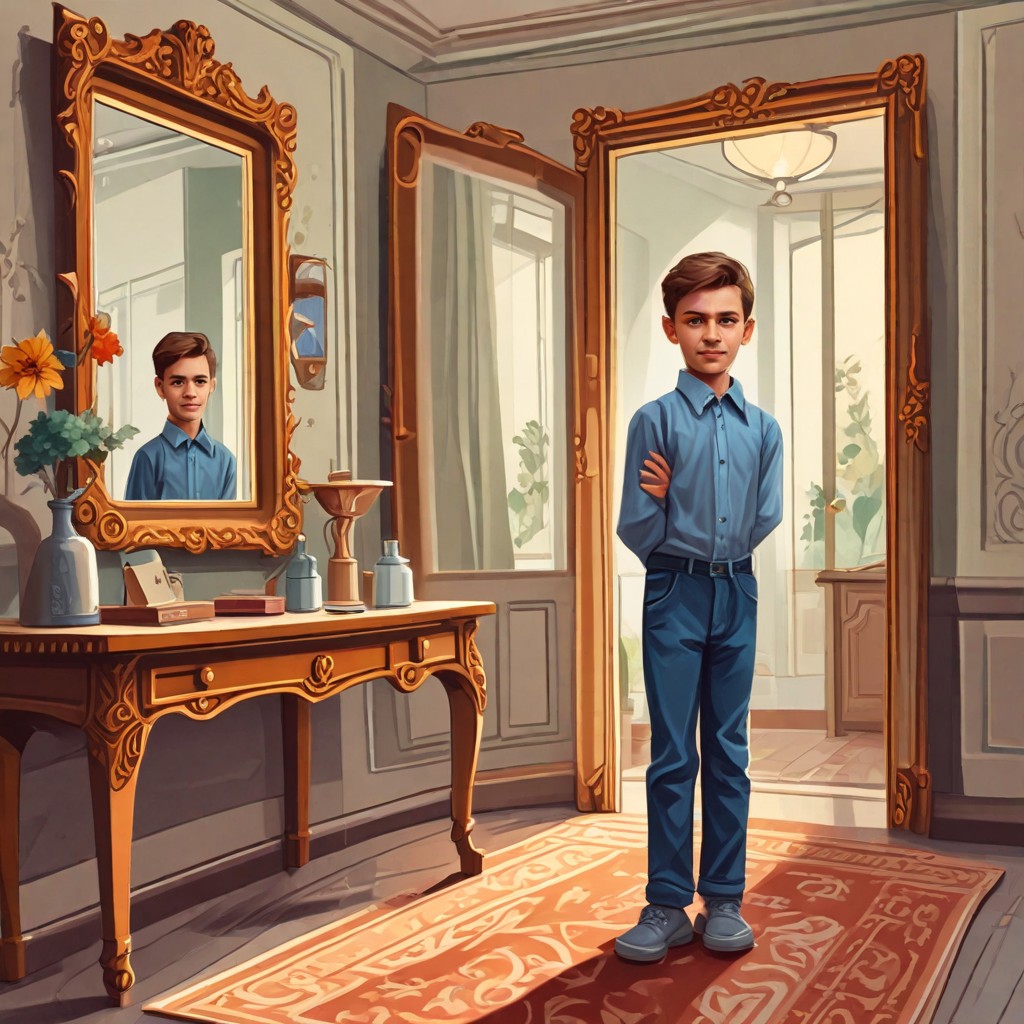 7-Year-Old Boy Standing In Front of Mirror Photo Style