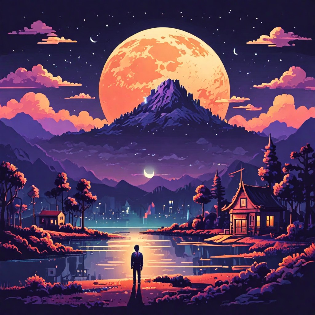 8-bit Game Image with Night Scenery and Moon Photo Style