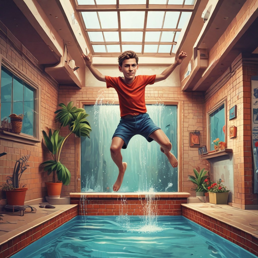 9-Year-Old Boy Jumping Into a Pool Photo Style