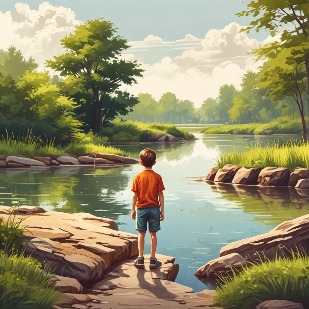 9-Year-Old Boy Near Pond, Back View Photo Style