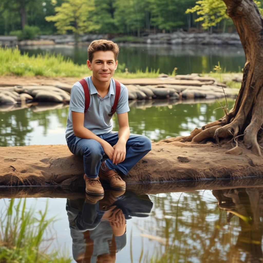 9-Year-Old Boy Near Pond, Smiling Photo Style