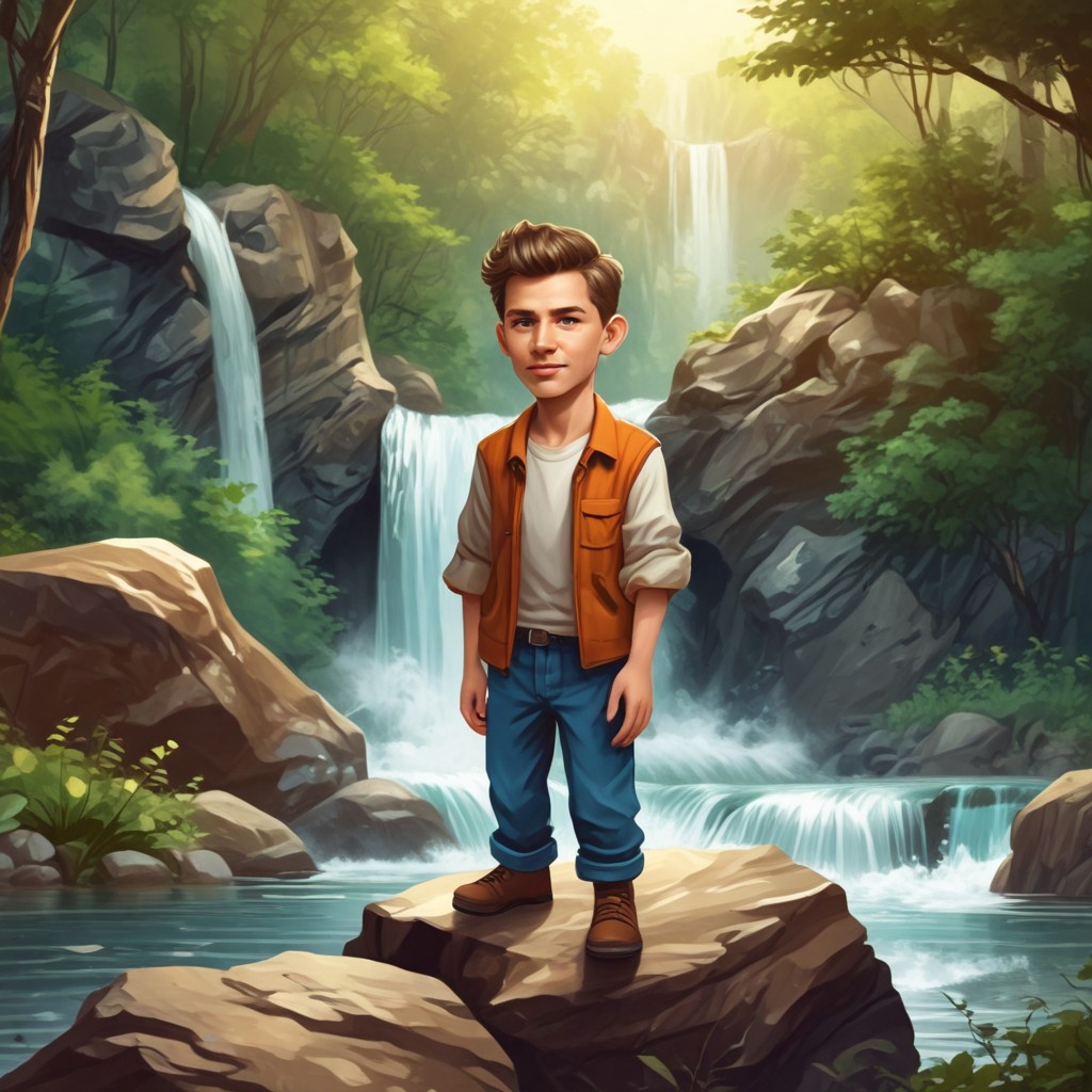 9-Year-Old Boy Near Waterfall Photo Style