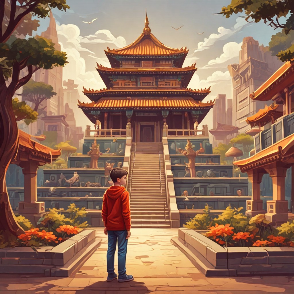 9-Year-Old Boy Standing Near Temple Photo Style