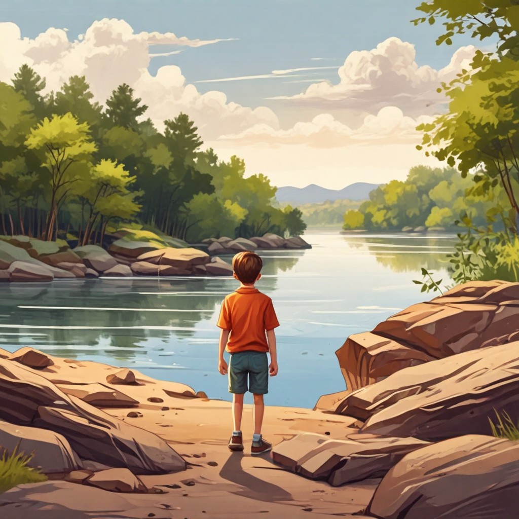 Back View of 7-Year-Old Boy Near River Photo Style
