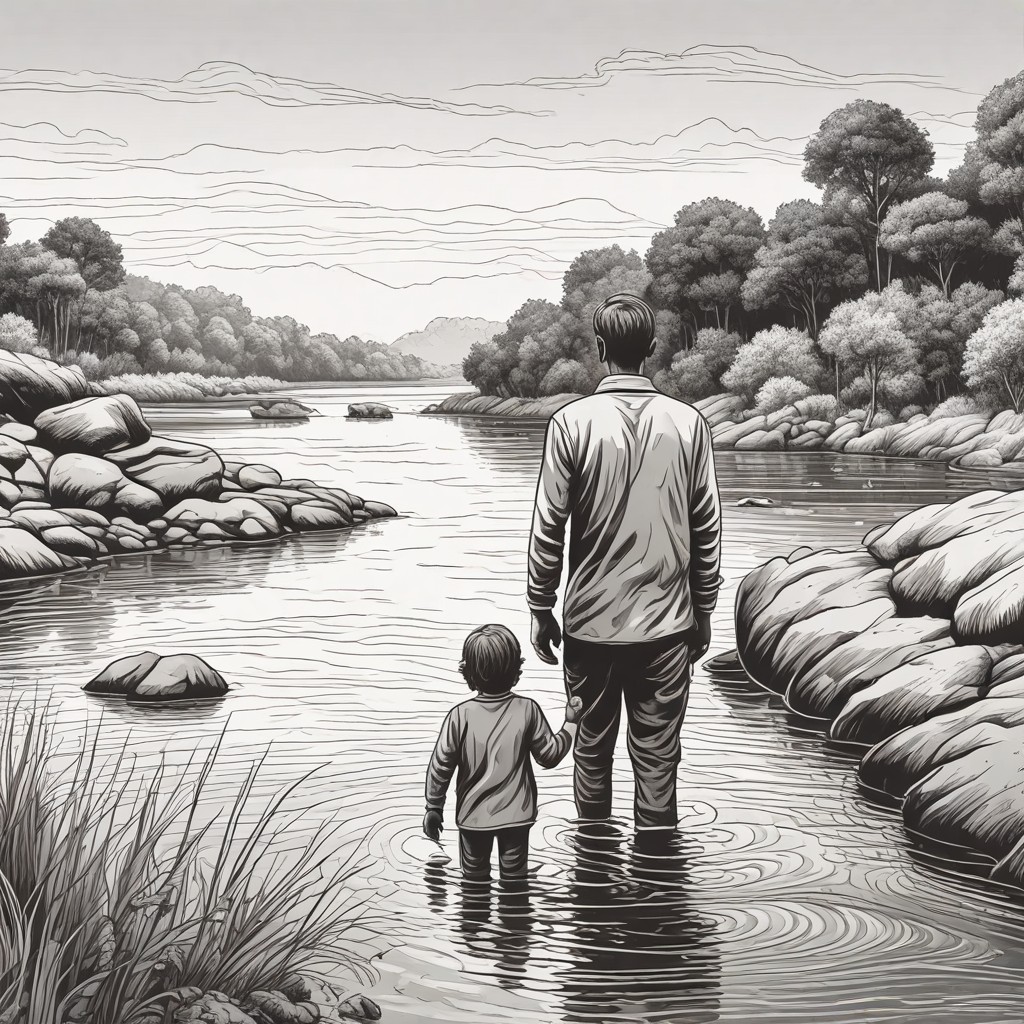 Back View of Children in River Photo Style