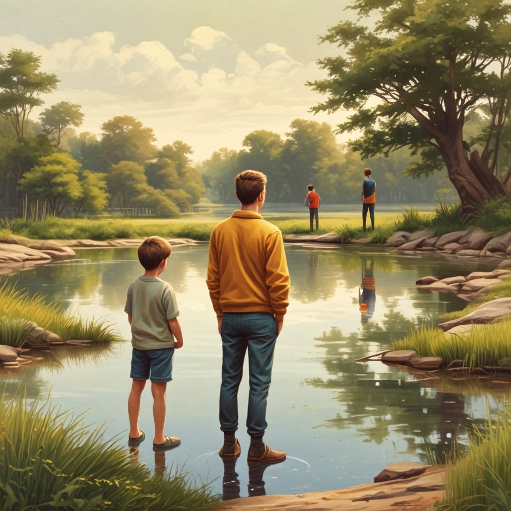 Back View of Four Boys Near Pond Photo Style