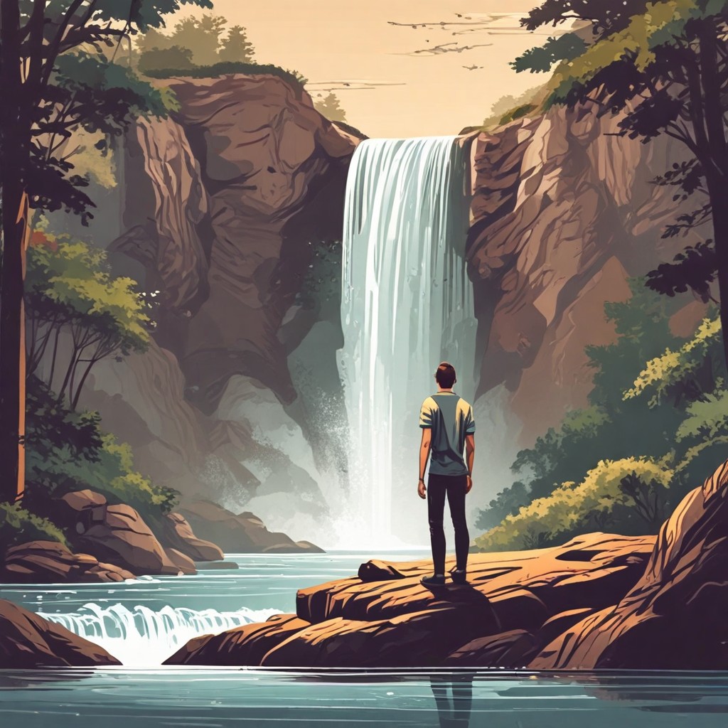 Boy Standing Near Waterfall Photo Style