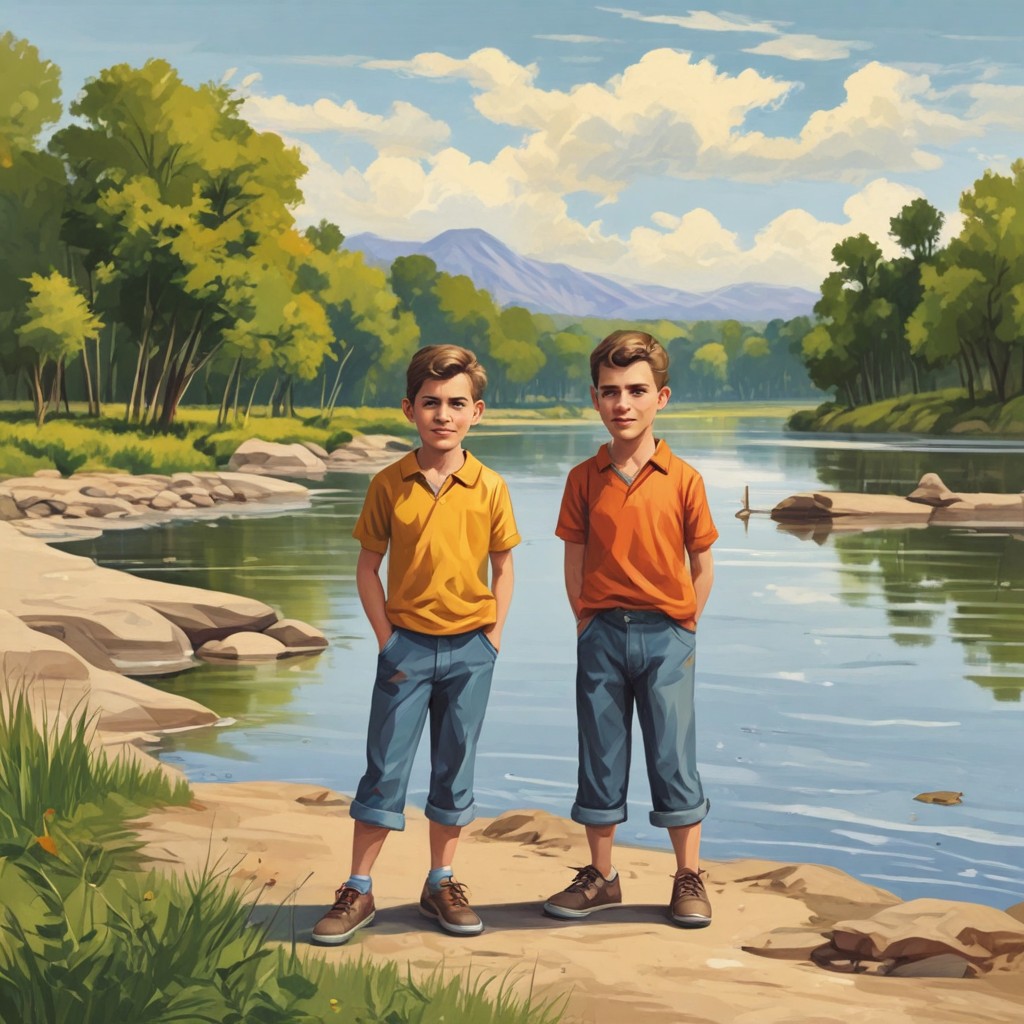 Four 6-Year-Old Boys Standing Near River Photo Style
