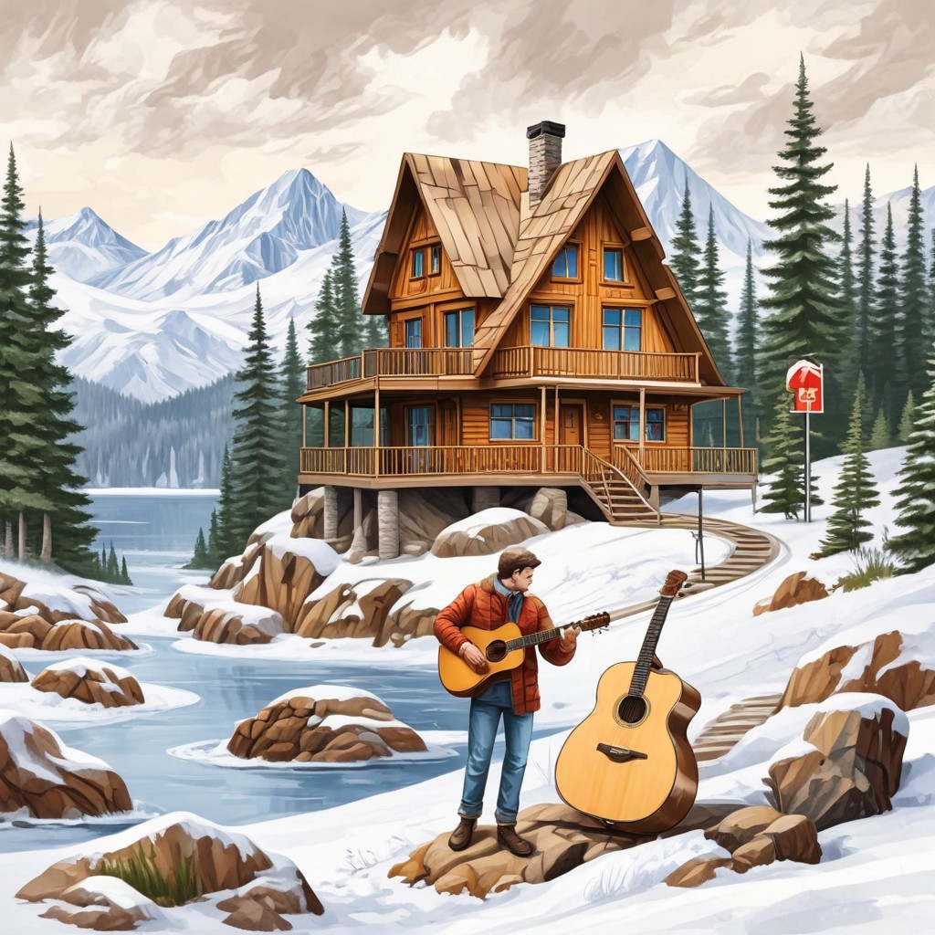 Guitare Acoustique Canadienne Chalet Paysage Photo Style