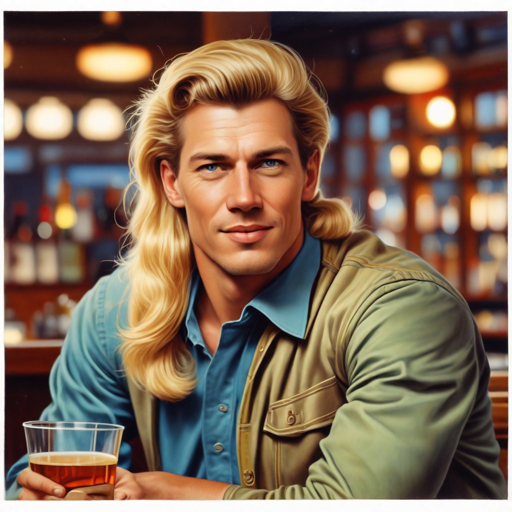 Realism Color 1970s Blonde Smiling in Bar Photo Style
