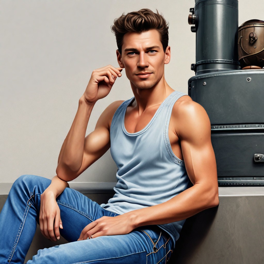 Realism Color Woman Sitting in Tank Top and Jeans Photo Style