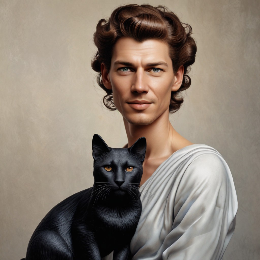 Realistic Sculpture of Woman with Black Cat Photo Style