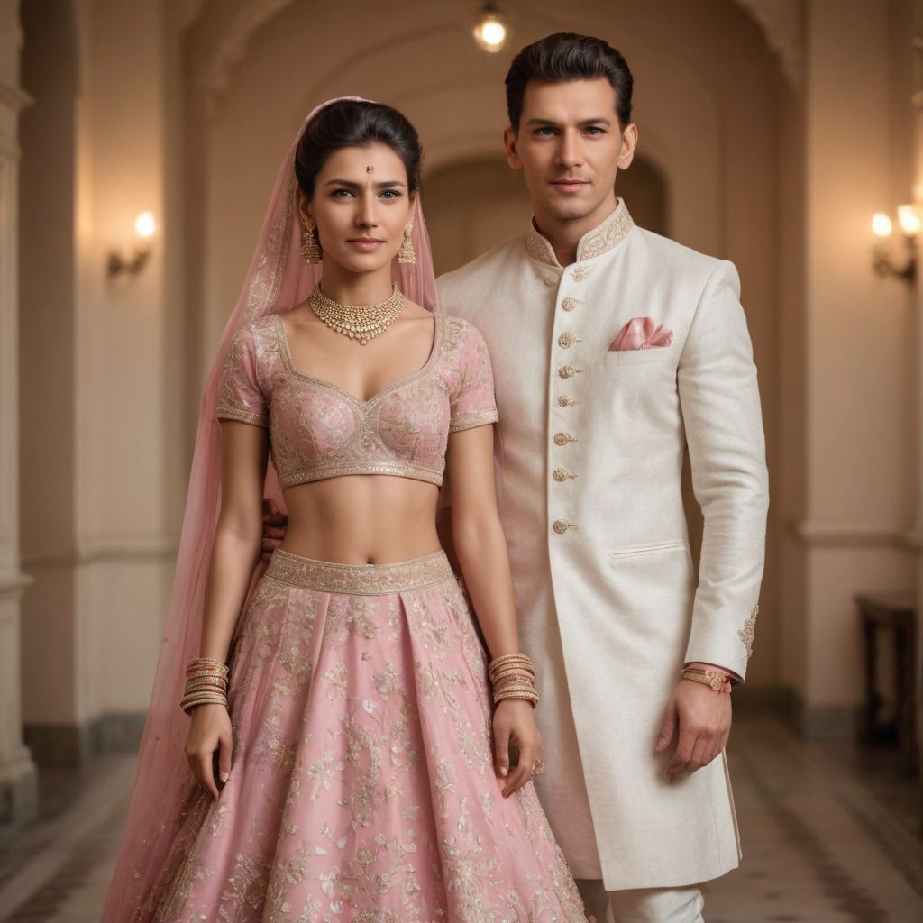 Baby Pink Lehenga and White Sherwani Photo Style