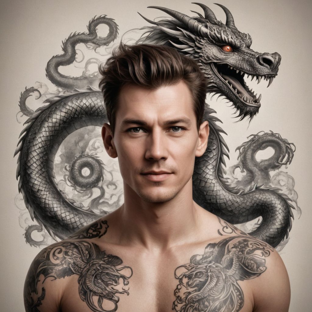 Bald with a Chinese Dragon Tattoo Photo Style