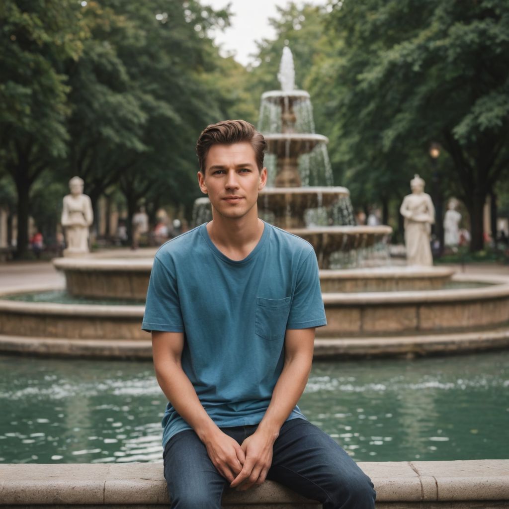 Boy in Front of Fountain Photo Style