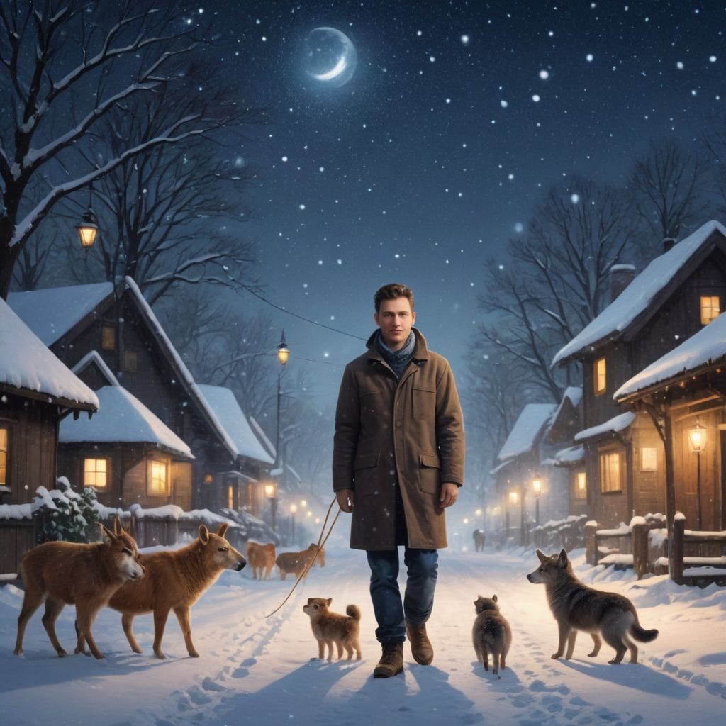 Christmas Snow Night Scene with Animals Photo Style