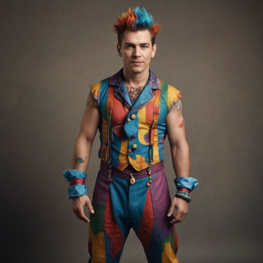Dwarf Clown with Crazy Colored Hair Full Body Photo Style