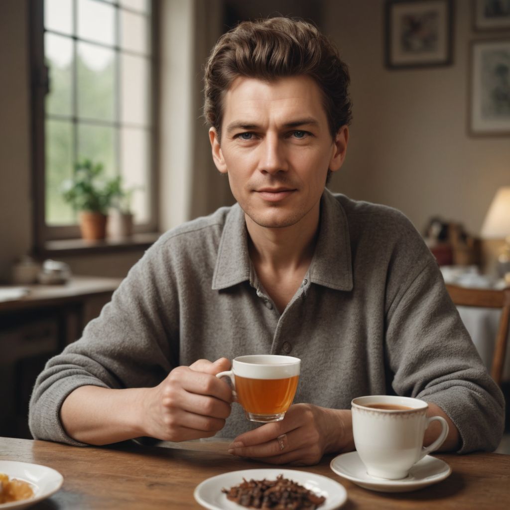 Realistic Color Grandma Holding a Cup of Tea Photo Style