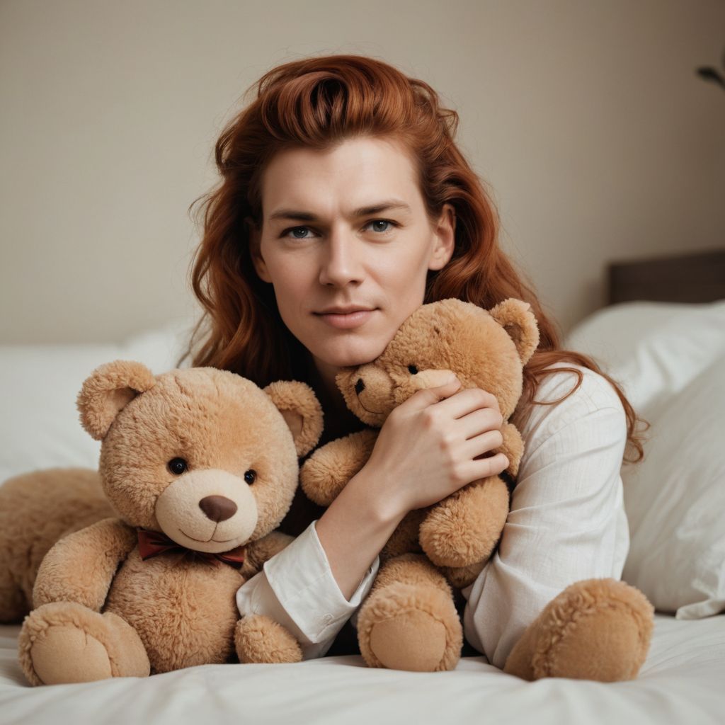 Redhead Woman Cuddling with a Teddy Bear Photo Style