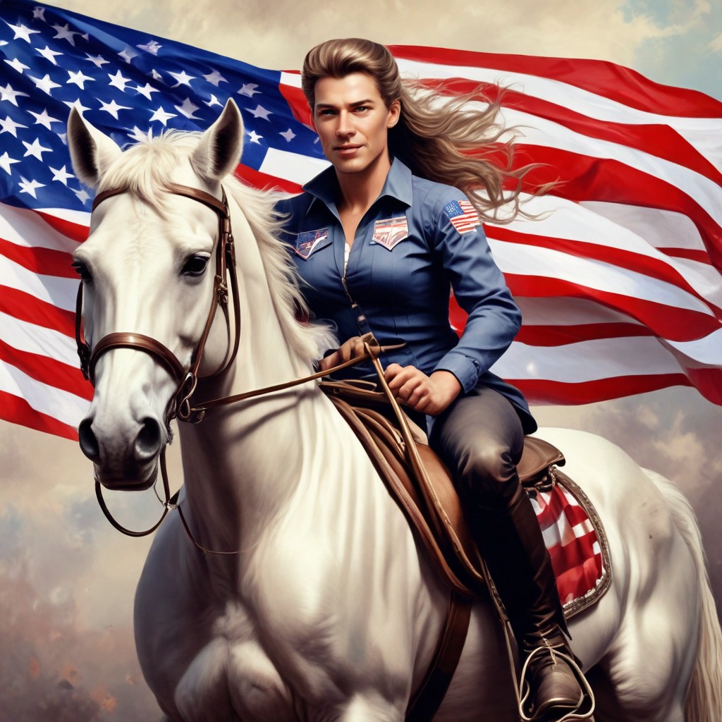 Young Woman on Horse with American Flag Photo Style
