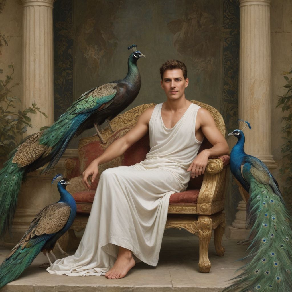 A Greek Goddess Sits Next to Peacocks Photo Style