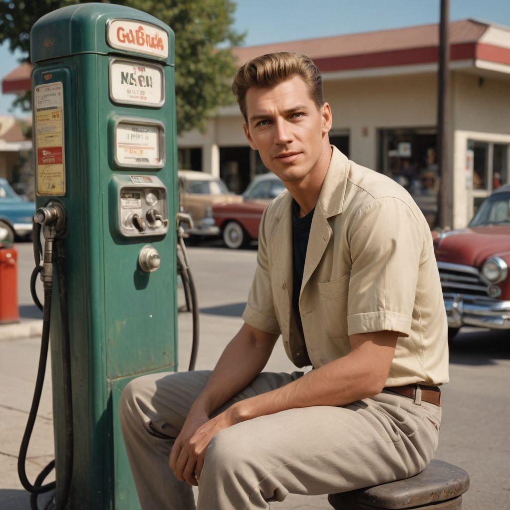 Converted Realistic Color 1950s Blonde Sitting by Gas Pump image