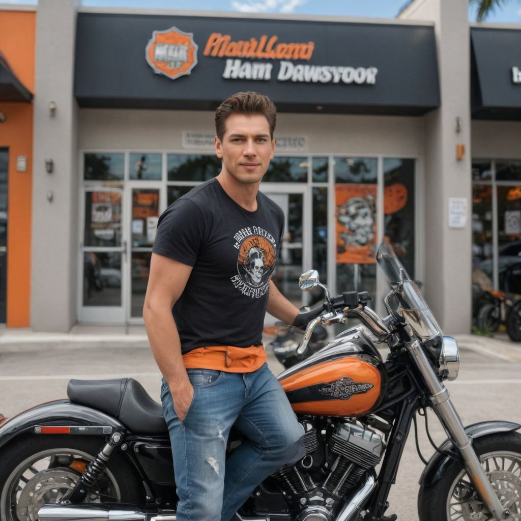 1:1 Photo in Front of a Miami Harley Davidson Shop Photo Style