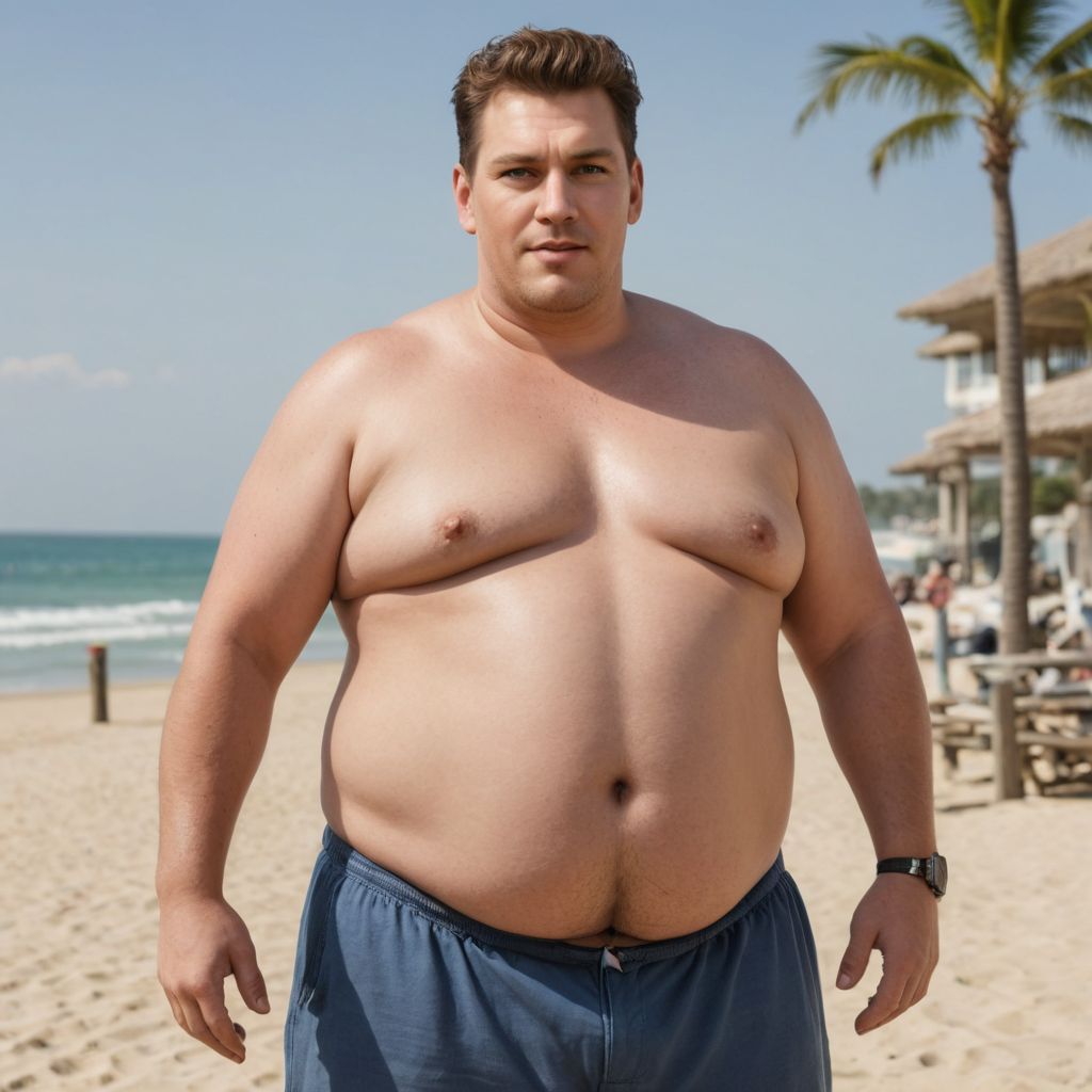 Fat Guy with Big Belly at the Beach Photo Style