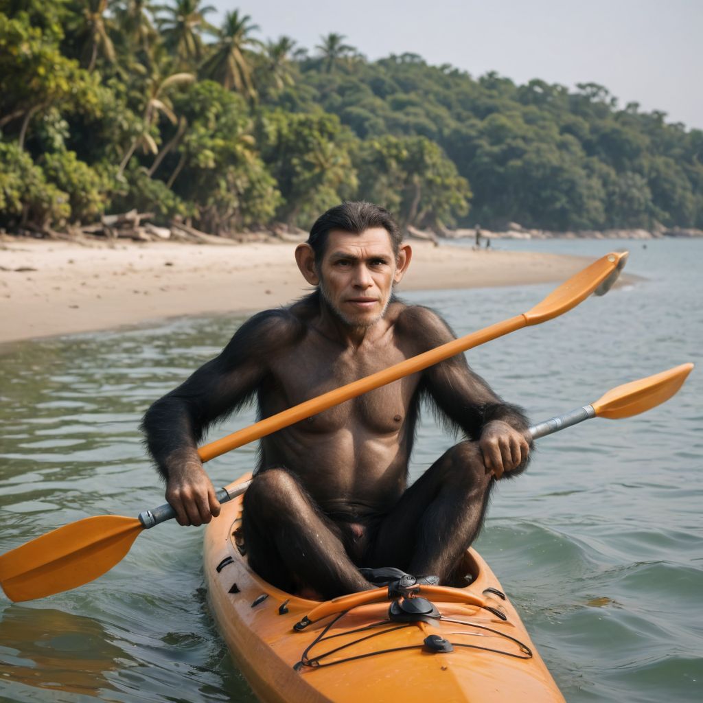Old Chimpanzee on Kayak at the Ocean Photo Style