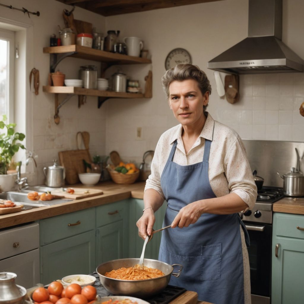 Realistic Color Elderly Grandma Cooking in Kitchen Photo Style