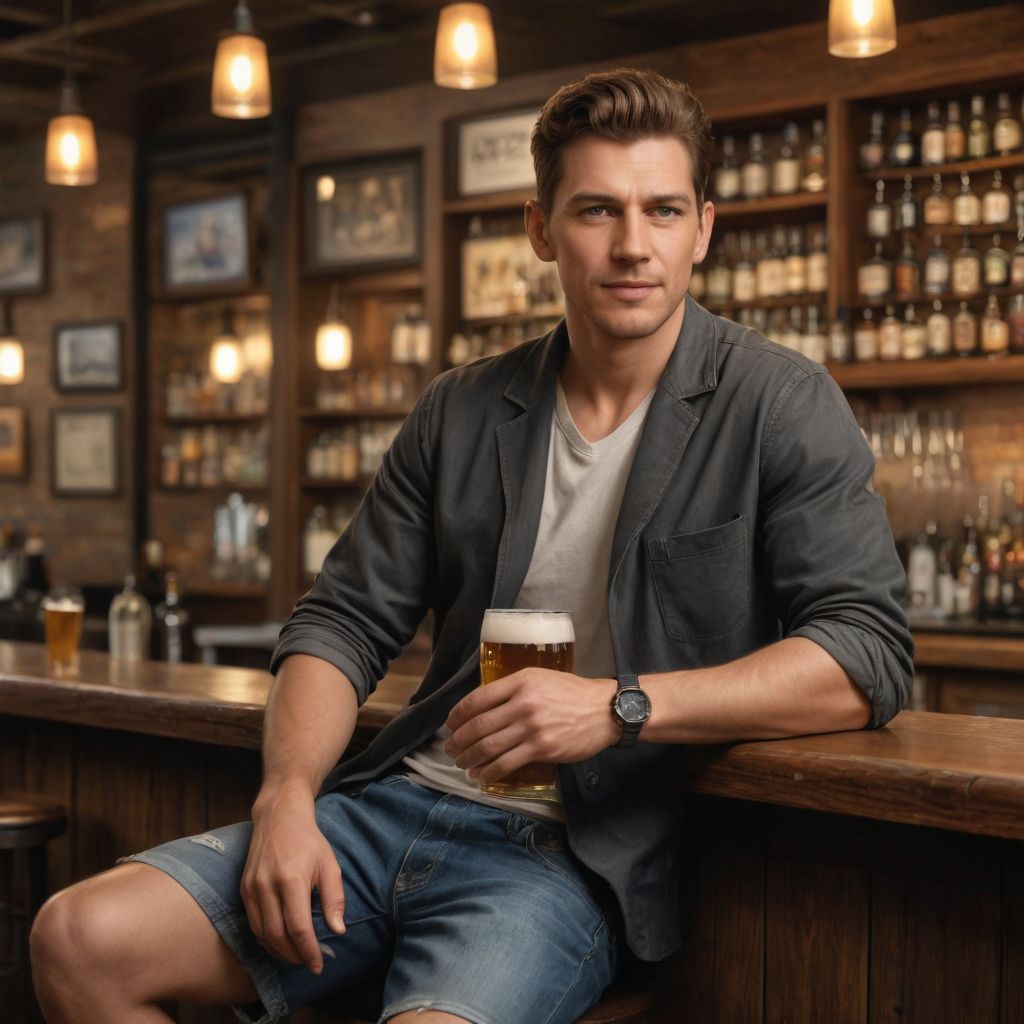 Realistic Color Male Sitting at Bar with a Beer Photo Style