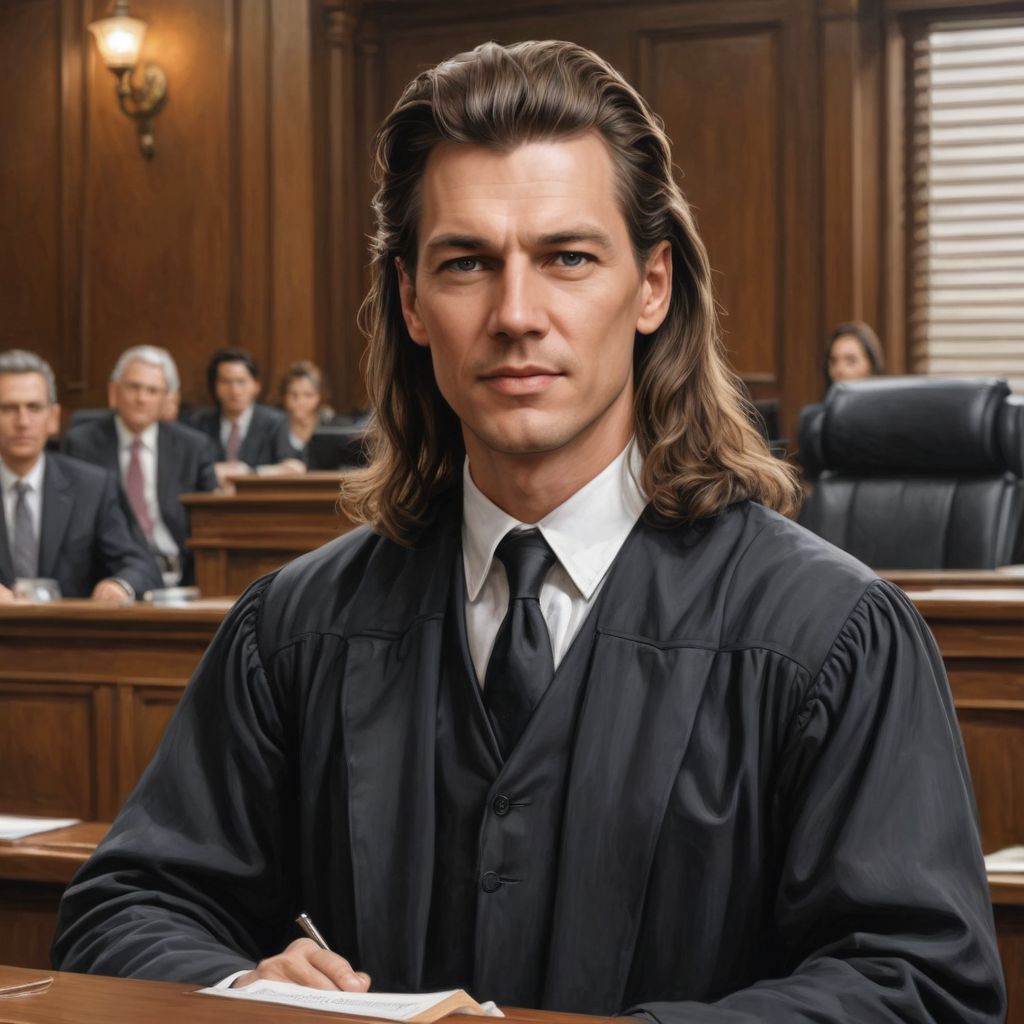 50 Years of Age Lawyer Long Hair in Courtroom Photo Style
