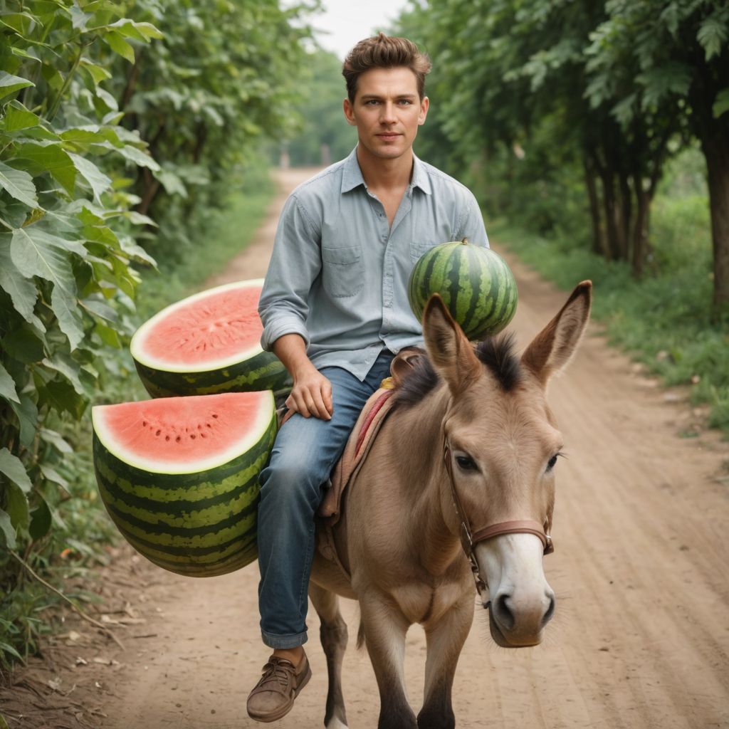 Little Boy on a Donkey Holding a Watermelon Photo Style
