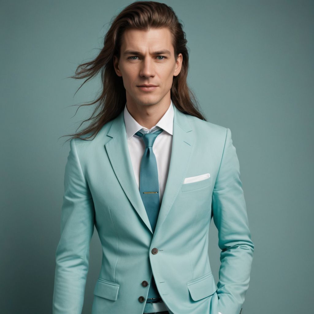 Aquamarine Suit White Shirt Extreme Long Hair Photo Style