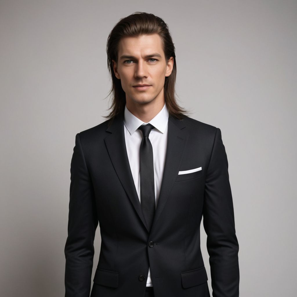Black Suit White Shirt Extreme Long Straight Hair Photo Style