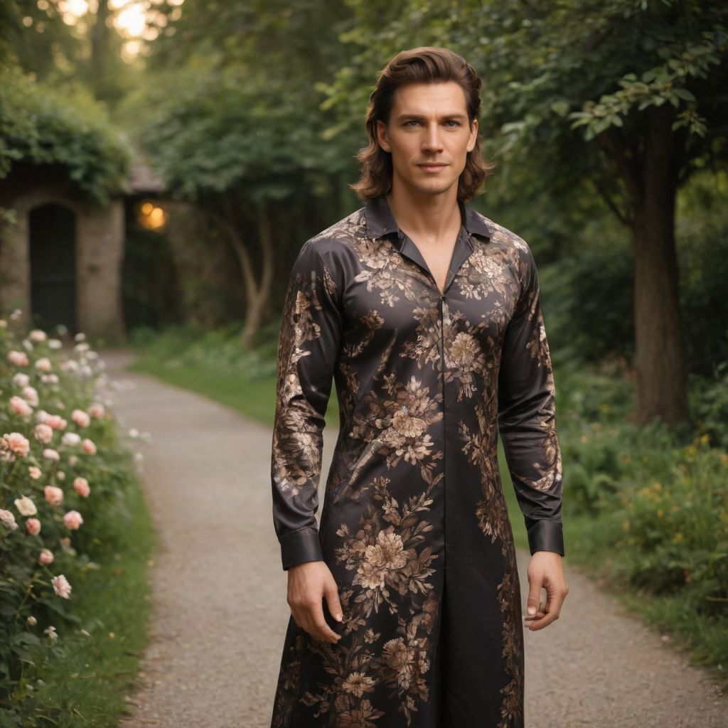 Evening Floral Long Dress with Long Brown Hair Photo Style