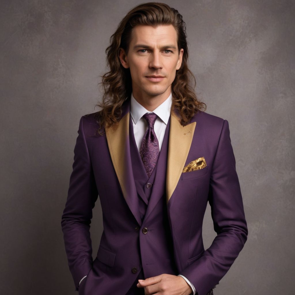 Extreme Long Hair Aubergine and Gold Suit Photo Style