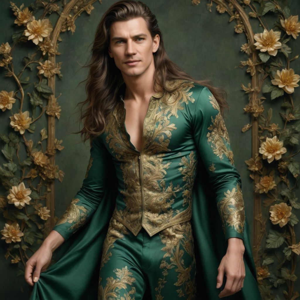 Floral Dress Green and Gold Extreme Long Hair Photo Style