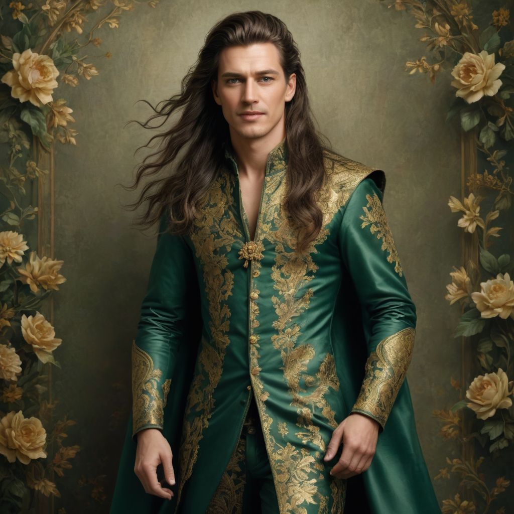 Green and Gold Floral Dress Extreme Long Hair Photo Style