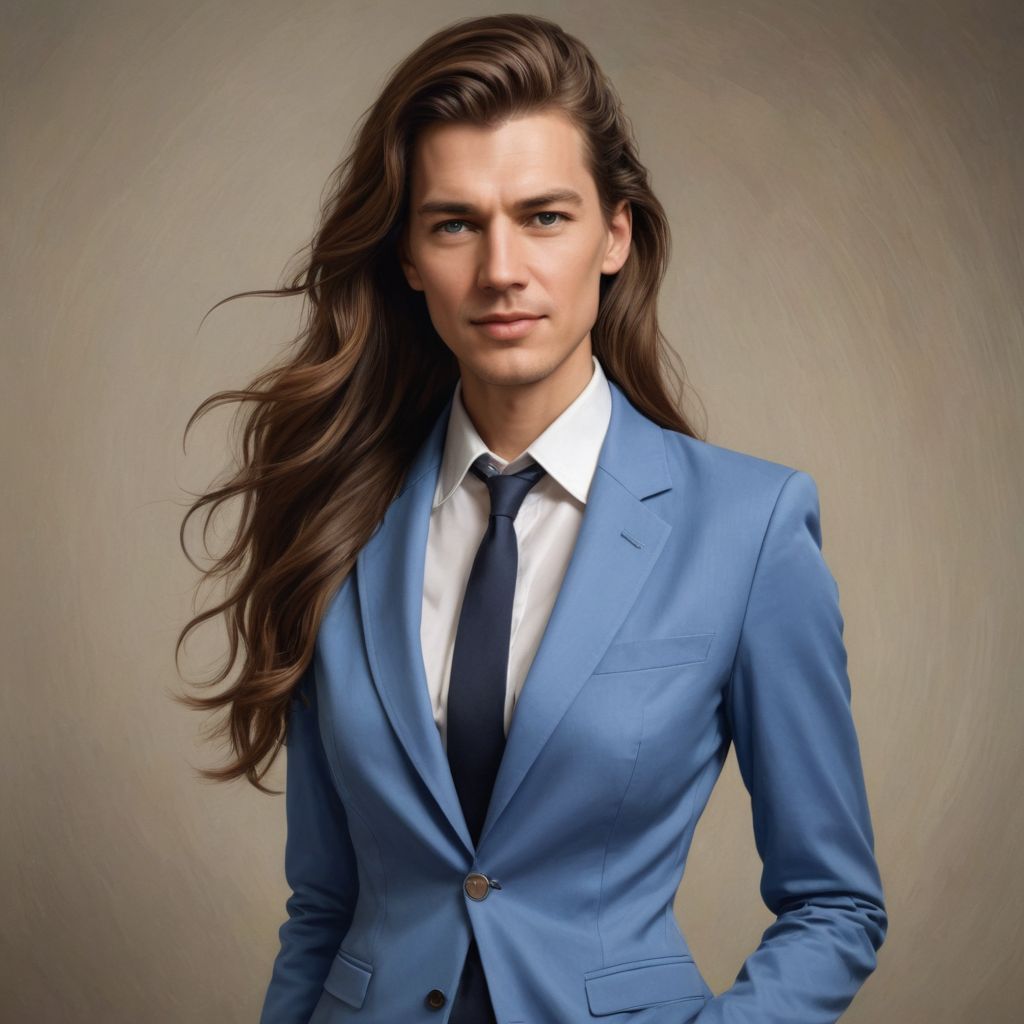 Long Brown Hair Blue Suit White Shirt Lady Photo Style