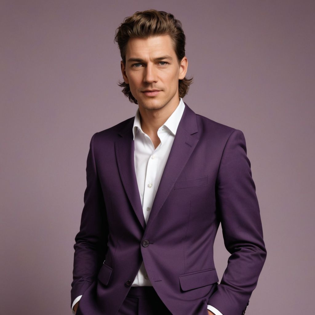 Long Hair Aubergine Suit White Ruffle Shirt Photo Style