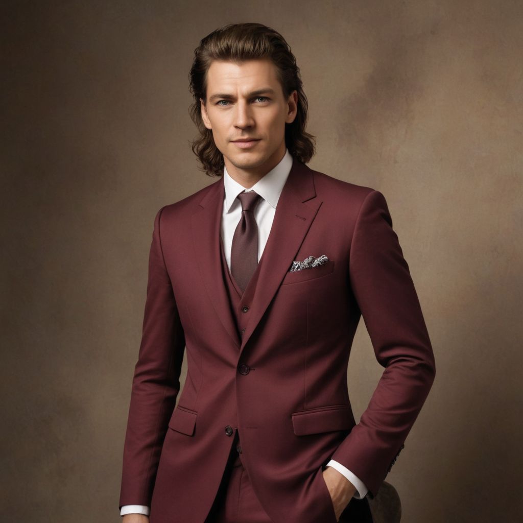 Long Hair Burgundy Suit Photo Style