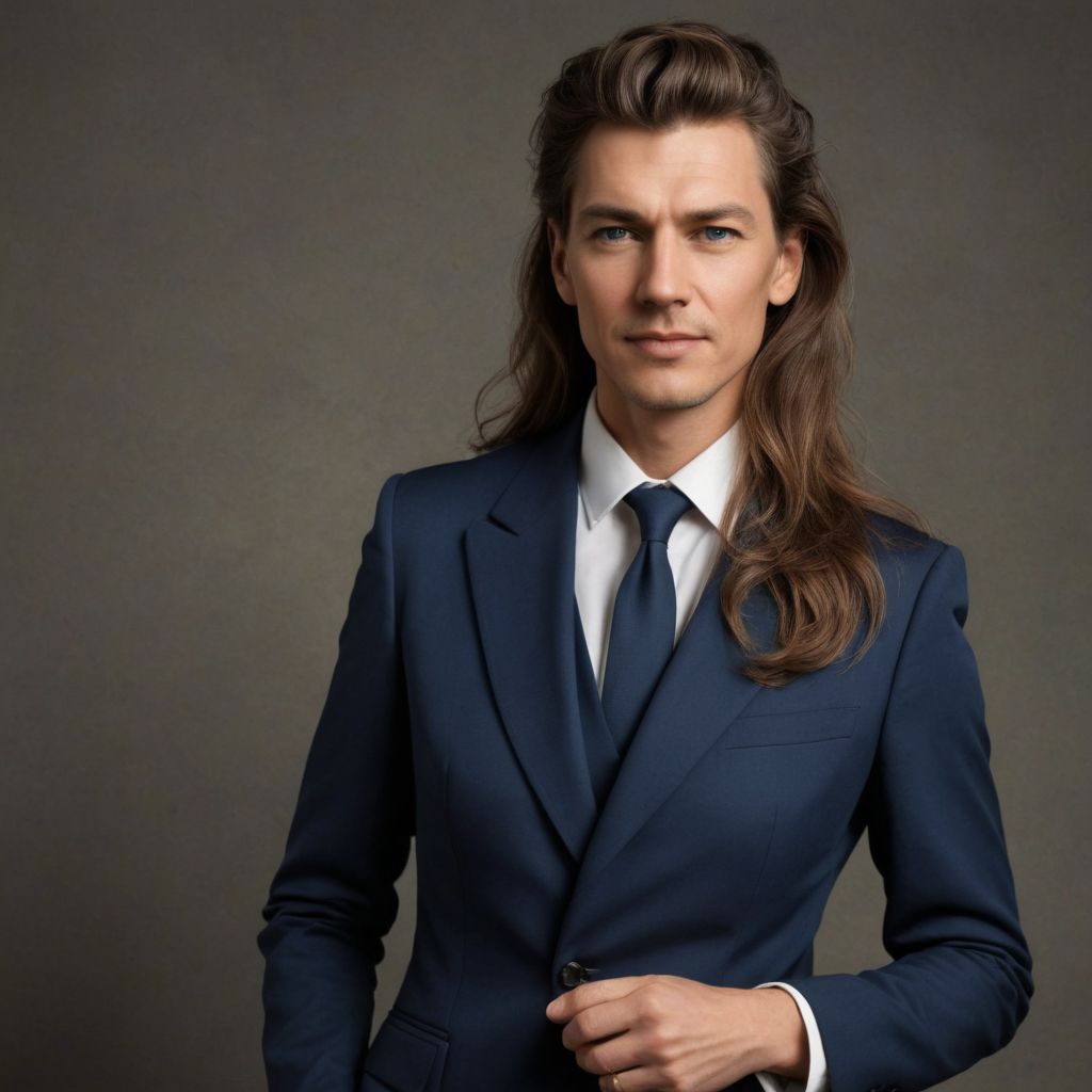 Long Hair Navy Blue Suit Mature Lady Photo Style