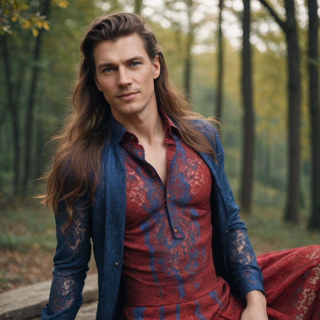 Red and Blue Lace Dress Long Hair Photo Style