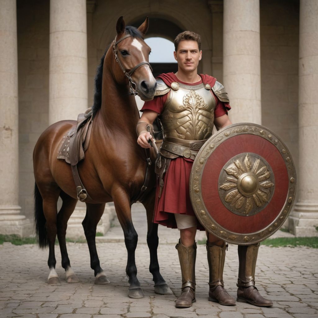 Roman Centurion Holding a Shield Next to a Horse Photo Style