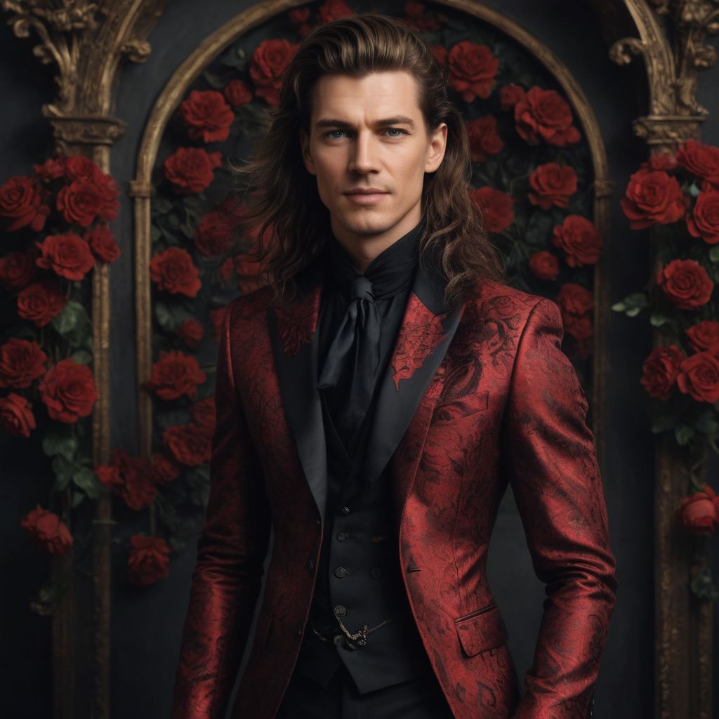 Royal Floral Red and Black Suit Extreme Long Hair Photo Style
