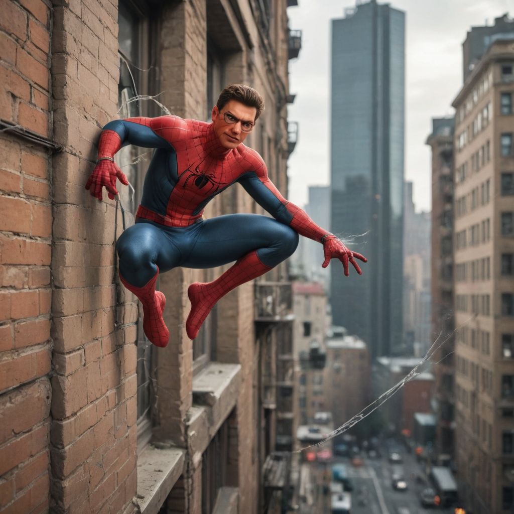 Spiderman Shooting a Web at a Building Photo Style
